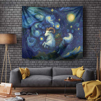 Rectangular tapestry with blue night sky, swirling clouds, and a white goat figure with horns