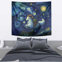 Hanging rectangular tapestry featuring a white goat, starry blue sky, and swirling cloud shapes