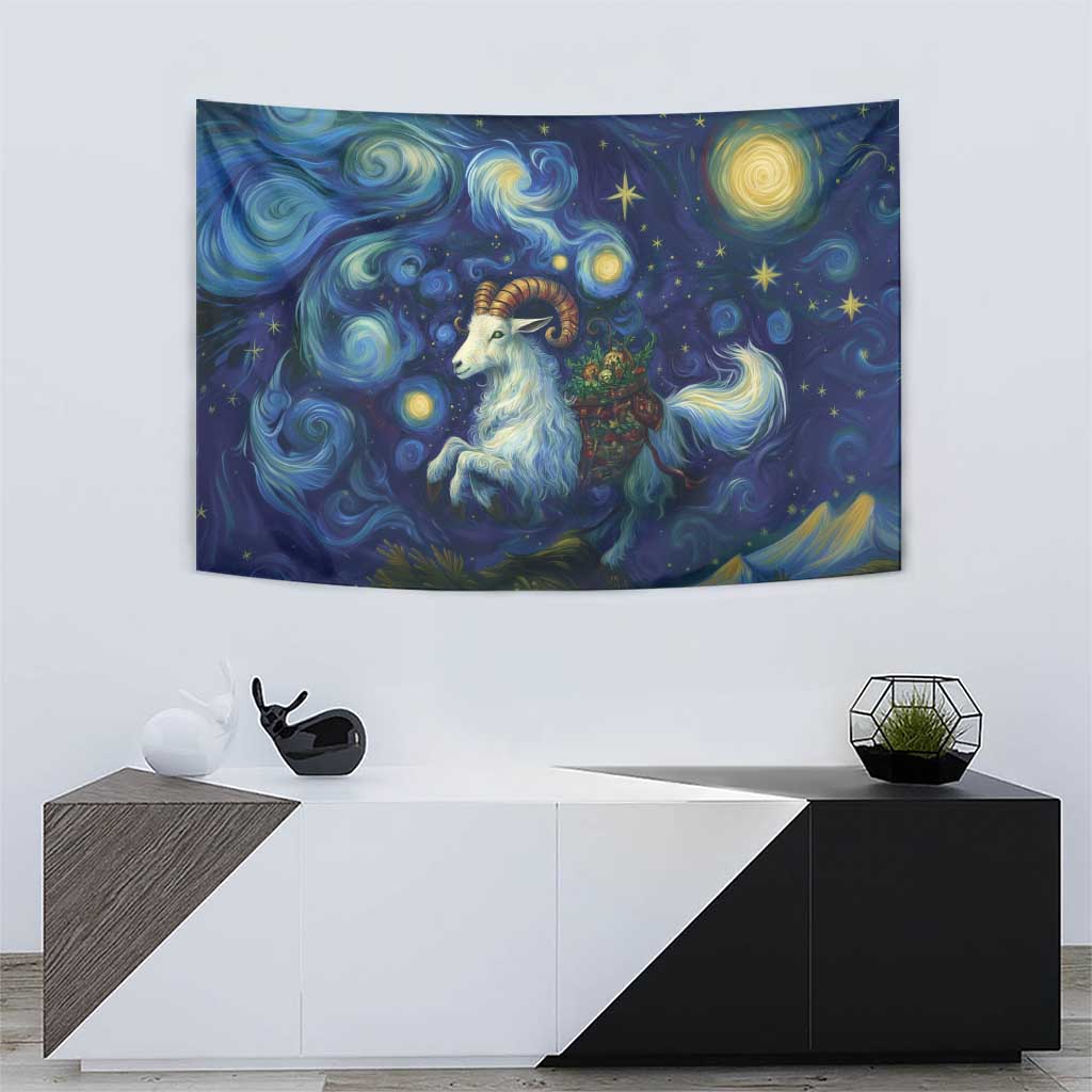 Wall-hanging rectangular tapestry with a white goat, glowing stars, and swirling blue patterns