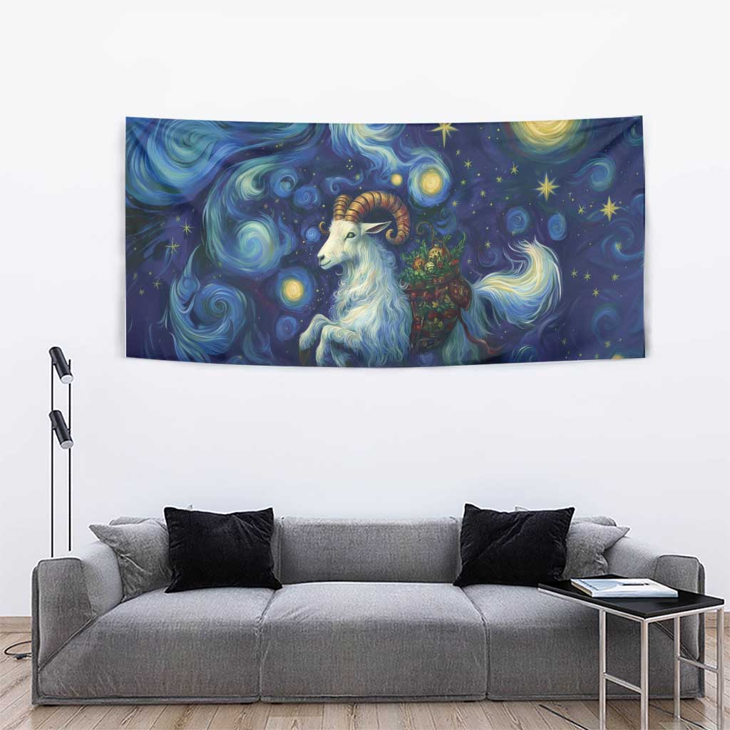 Hanging rectangular tapestry with blue clouds, small stars, and a central white goat figure