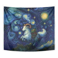 Tapestry cloth with blue starry sky, swirling clouds, and a white goat with golden horns
