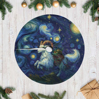 Round tree skirt with starry-night goat artwork, dark blue galaxy swirls and center opening