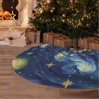 Starry-night round tree skirt with center opening, blue swirling galaxy and gold star accents