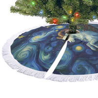 Fringed round tree skirt split at the center opening, starry-night blue swirls and gold stars