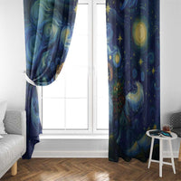 Galaxy star window curtain panels framing a window, blue swirls with star speckles