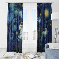 Galaxy star window curtain panels with blue swirl pattern, unicorn graphic, and starry gold dots