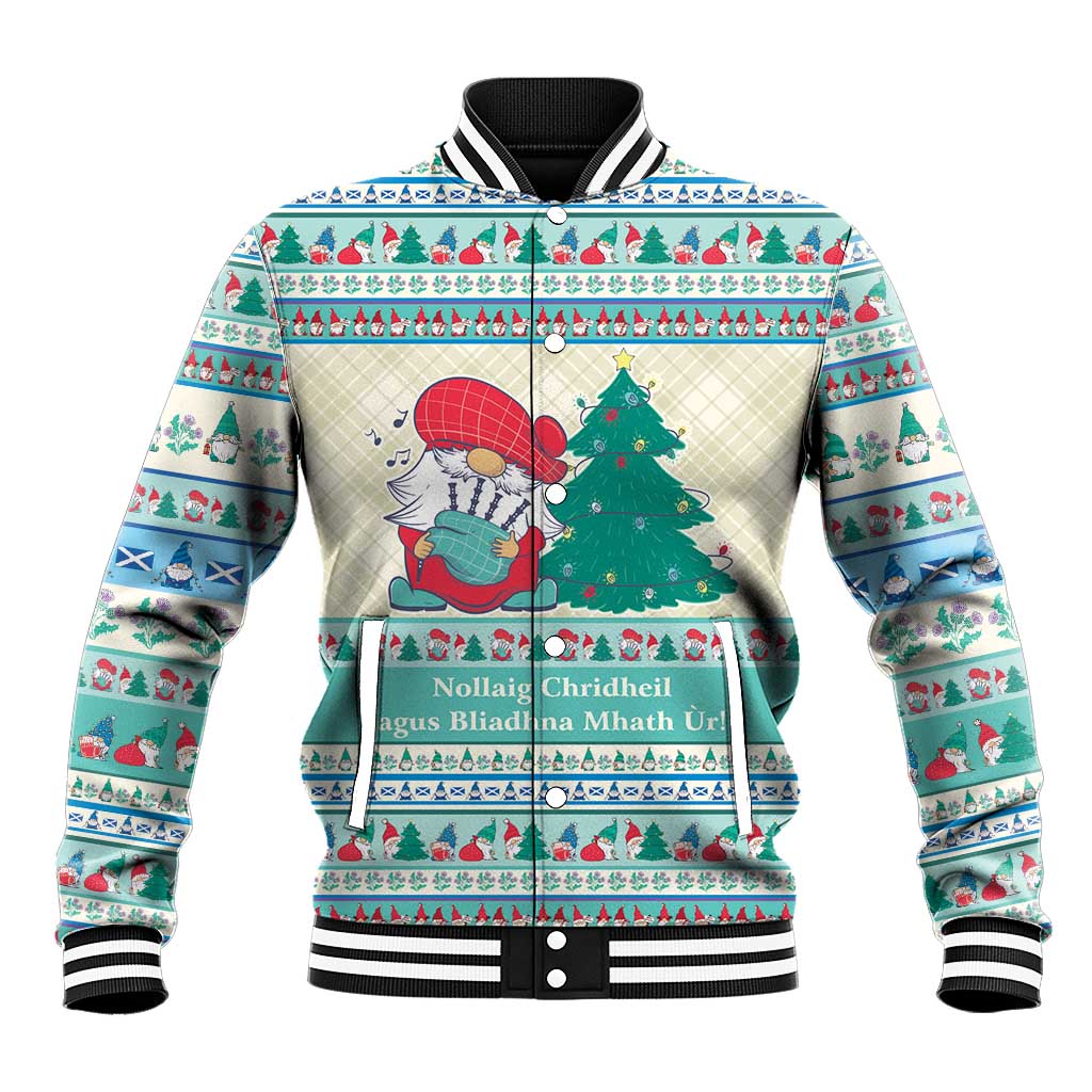 Unisex baseball jacket with mint blue and red Christmas pattern, gnome and tree graphic