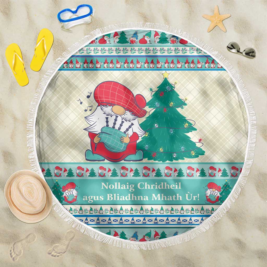 Round Christmas beach blanket with gnome and tree holiday print, fringed edge