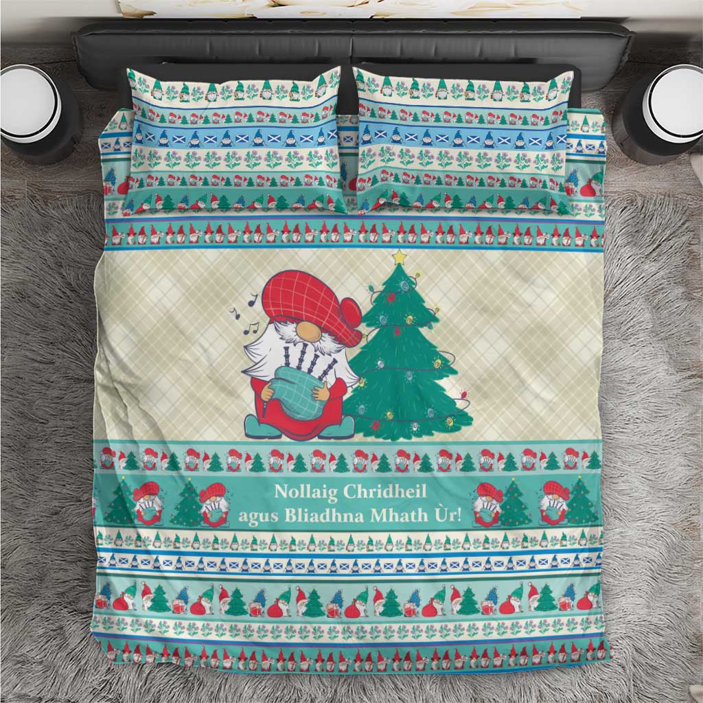 Christmas gnome bedding set with mint blue and off-white striped panels and tree graphic