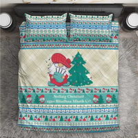 Christmas gnome bedding set with mint blue and off-white striped panels and tree graphic