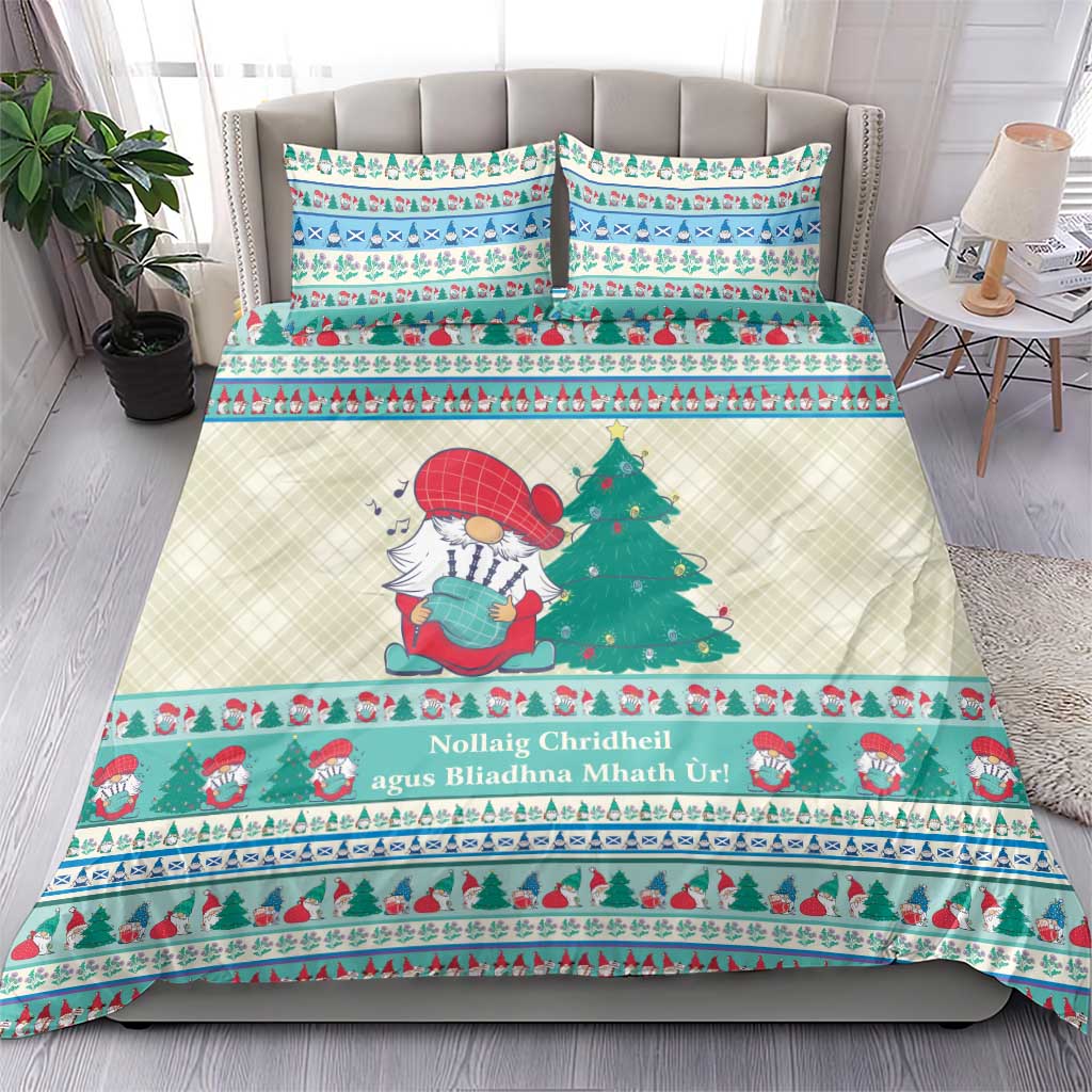 Christmas gnome bedding set with mint blue border stripe design on off-white