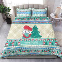 Christmas gnome bedding set with mint blue border stripe design on off-white
