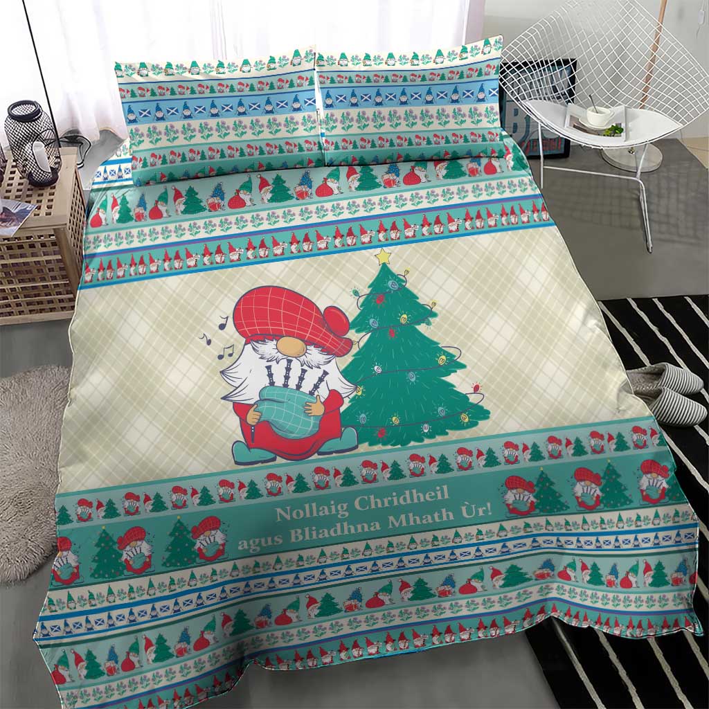 Christmas gnome bedding set featuring off-white fabric with mint blue striped trim