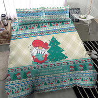 Christmas gnome bedding set featuring off-white fabric with mint blue striped trim