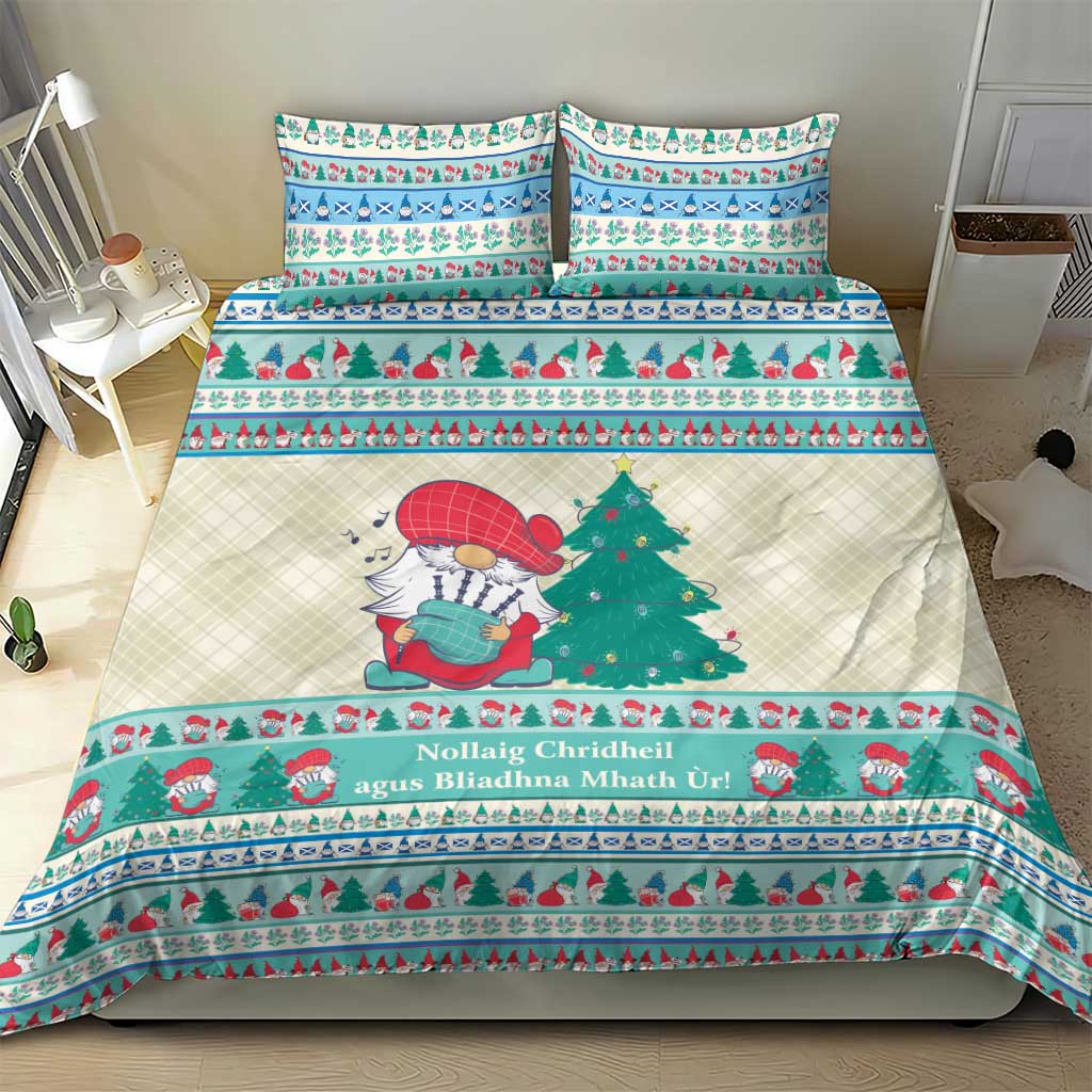 Christmas gnome bedding set with off-white base and mint blue, red, and green pattern