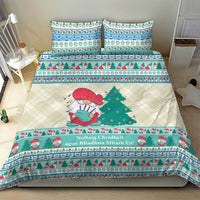 Christmas gnome bedding set with off-white base and mint blue, red, and green pattern