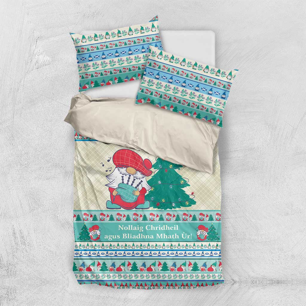 Christmas gnome bedding set with off-white duvet and matching mint blue pillowcases