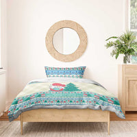 Christmas gnome bedding set with mint blue striped runner and off-white bedcover