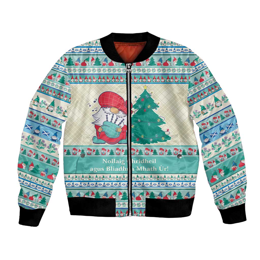 Mint blue Christmas bomber jacket with full zip, gnome and tree graphic, ribbed cuffs