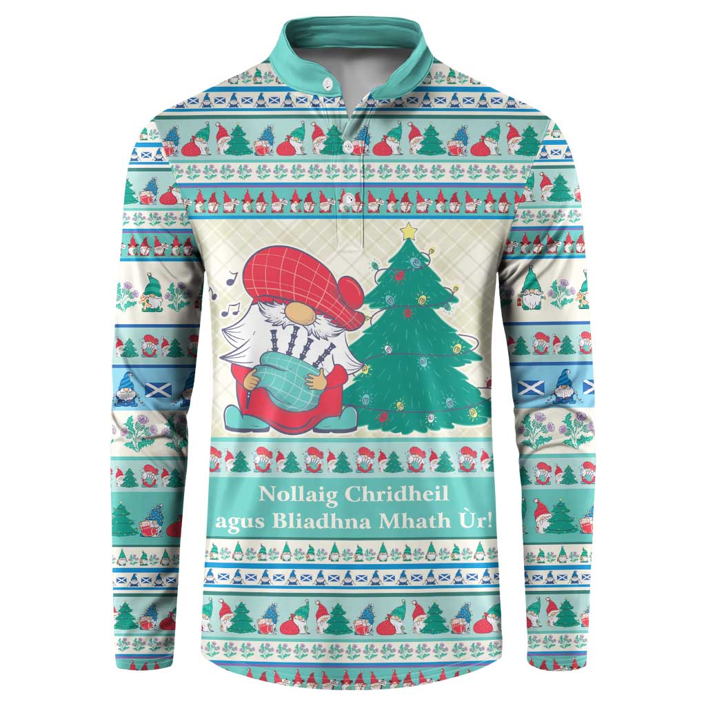 Mint blue mock-neck sweatshirt with colorful holiday gnome and tree pattern, long sleeves