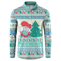 Mint blue mock-neck sweatshirt with colorful holiday gnome and tree pattern, long sleeves