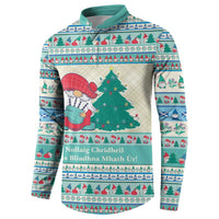Mint blue mock-neck sweatshirt with holiday gnome graphic and festive border print, long sleeves