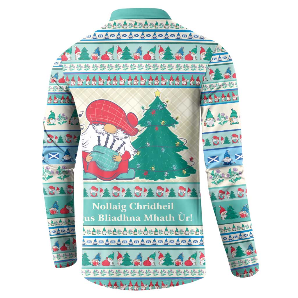 Mint blue mock-neck sweatshirt, back view with gnome and Christmas tree holiday pattern
