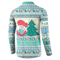 Mint blue mock-neck sweatshirt, back view with gnome and Christmas tree holiday pattern