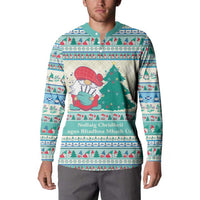 Mint blue mock-neck sweatshirt worn by model, holiday gnome and tree front print, long sleeves