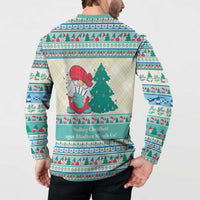 Mint blue mock-neck sweatshirt back view, holiday gnome and tree graphic with festive stripes