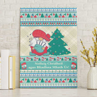 Mint blue gnome canvas wall art with Christmas tree, red bird, and holiday greeting