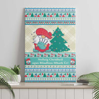 Gnome holding teal gift next to Christmas tree canvas wall art with holiday stripes