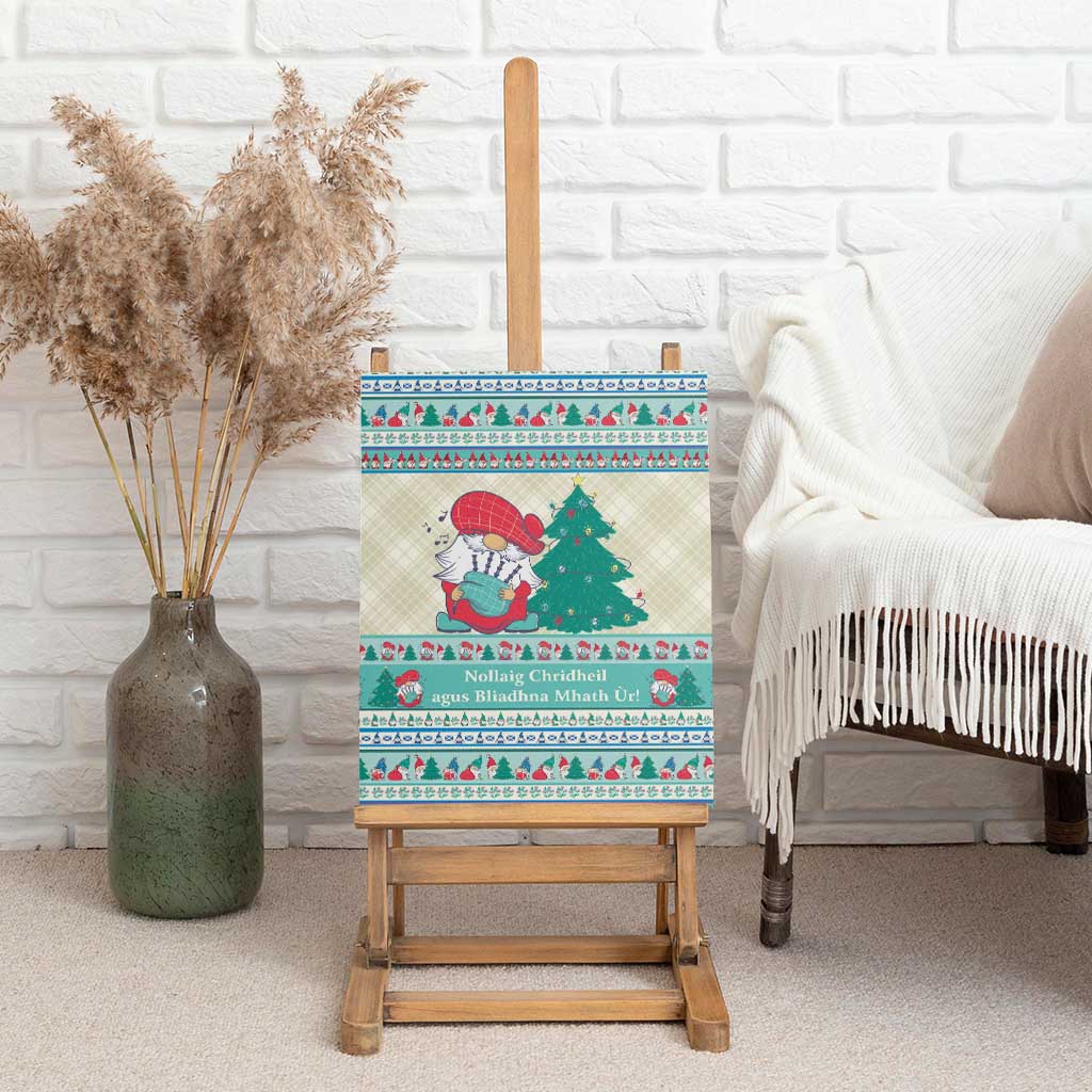 Gnome and Christmas tree canvas wall art with teal gift, red bird, and border pattern
