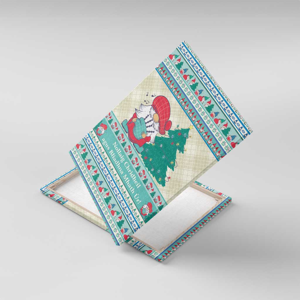 Angled gnome canvas wall art showing Christmas tree, red bird, and teal gift