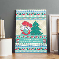 Front gnome canvas wall art with Christmas tree, red bird, teal gift, and greeting text