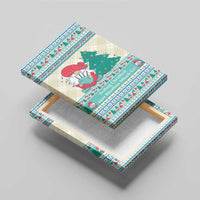 Angled canvas wall art featuring gnome, red bird, teal gift, and Christmas tree
