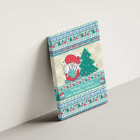 Christmas gnome canvas wall art panel with tree, red bird, teal gift, and decorative border