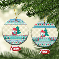 Two round ceramic Christmas ornaments with gnome scene, gold hanging loops, front/back
