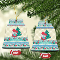 Bell-shaped ceramic Christmas ornaments with gnome scene, gold hanging loops, front/back
