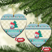 Heart-shaped ceramic Christmas ornaments with gnome scene, red hat, green tree, gold loops