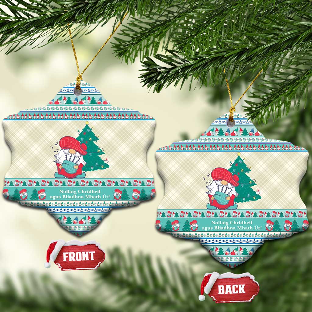 Star- and bell-shaped ceramic Christmas ornaments with gnome scene, gold hanging loops
