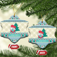 Star- and bell-shaped ceramic Christmas ornaments with gnome scene, gold hanging loops