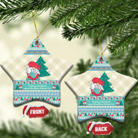 Star-shaped ceramic Christmas ornaments with gnome scene, gold hanging loops, front/back