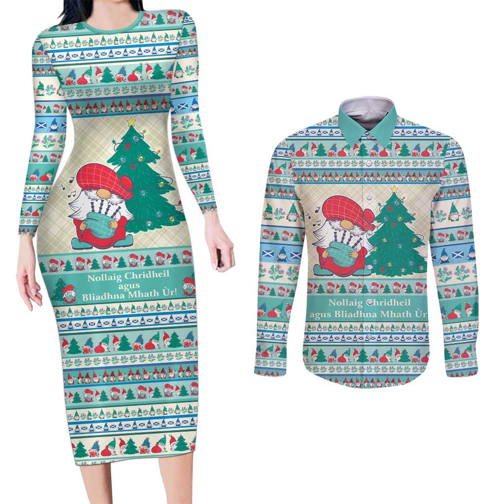 Gnome Bagpies Musical Couples Matching Long Sleeve Bodycon Dress and Long Sleeve Button Shirt Nollaig Chridheil Scotland Christmas Pattern LT9 - Wonder Print Shop