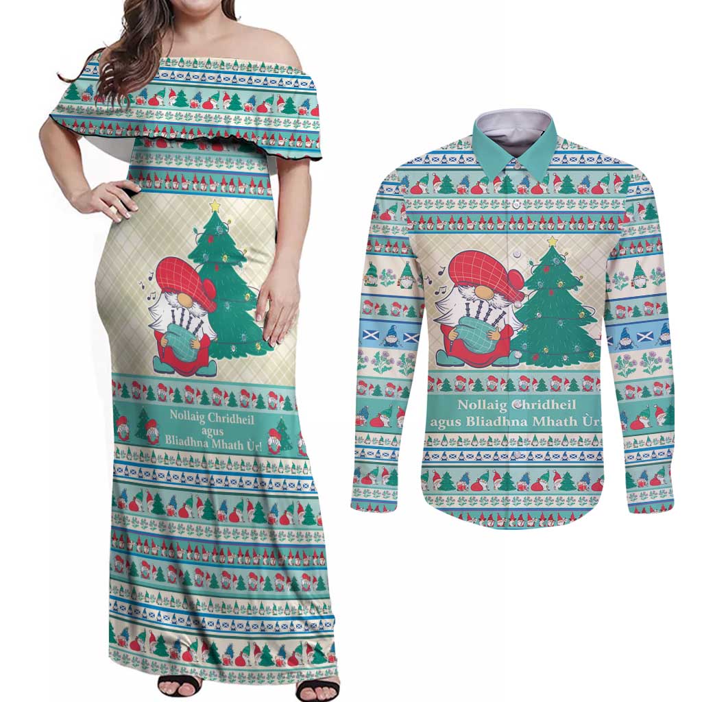 Gnome Bagpies Musical Couples Matching Off Shoulder Maxi Dress and Long Sleeve Button Shirt Nollaig Chridheil Scotland Christmas Pattern LT9 - Wonder Print Shop