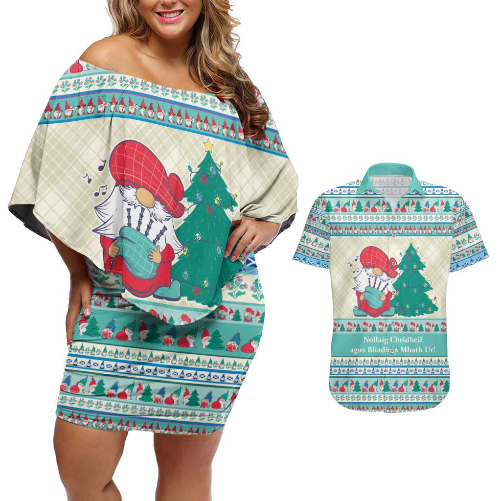 Gnome Bagpies Musical Couples Matching Off Shoulder Short Dress and Hawaiian Shirt Nollaig Chridheil Scotland Christmas Pattern LT9 - Wonder Print Shop