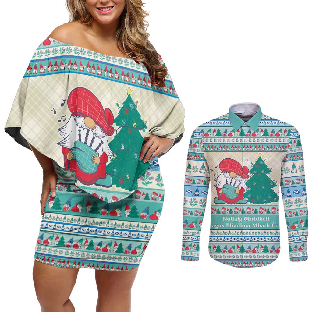 Gnome Bagpies Musical Couples Matching Off Shoulder Short Dress and Long Sleeve Button Shirt Nollaig Chridheil Scotland Christmas Pattern LT9 - Wonder Print Shop