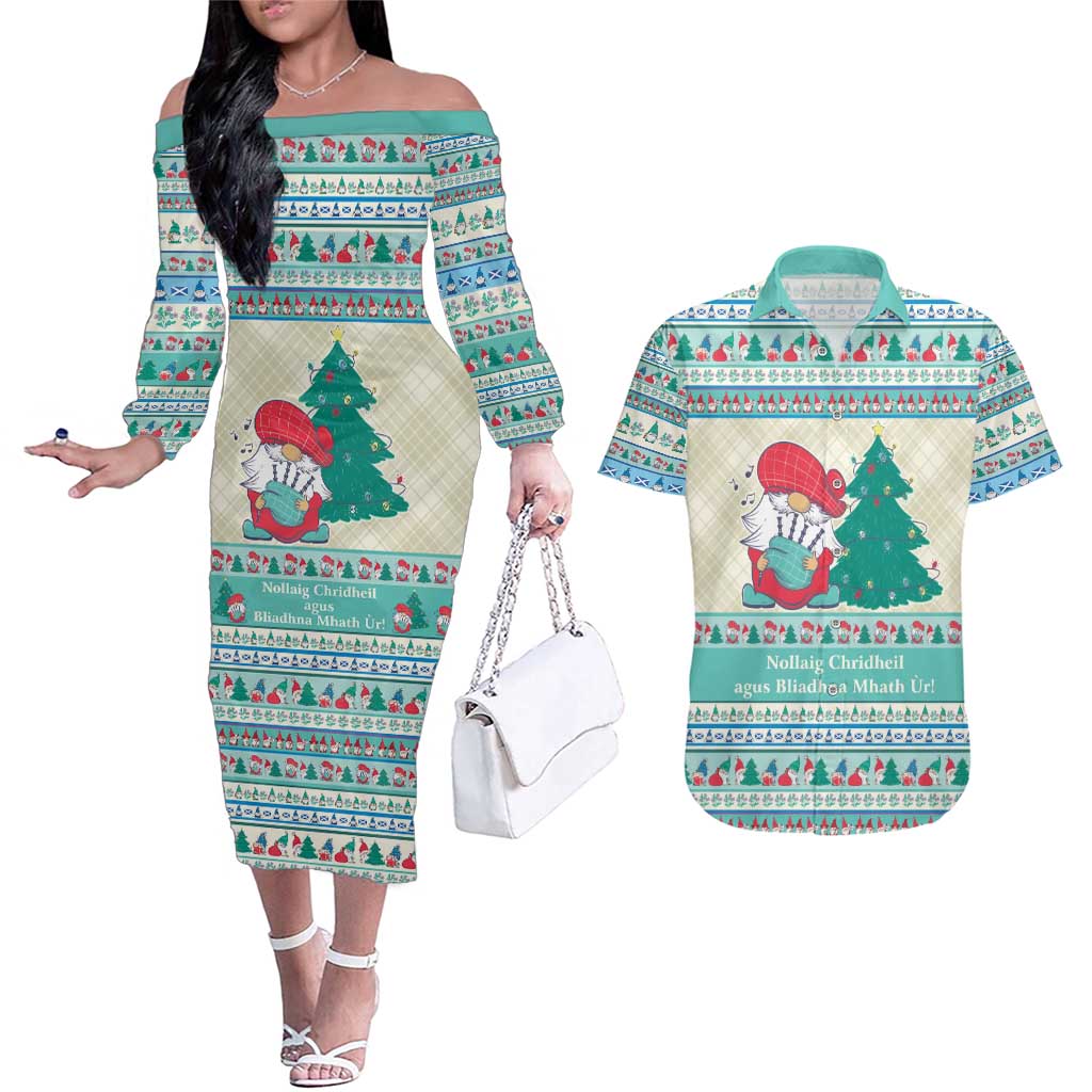 Gnome Bagpies Musical Couples Matching Off The Shoulder Long Sleeve Dress and Hawaiian Shirt Nollaig Chridheil Scotland Christmas Pattern LT9 - Wonder Print Shop