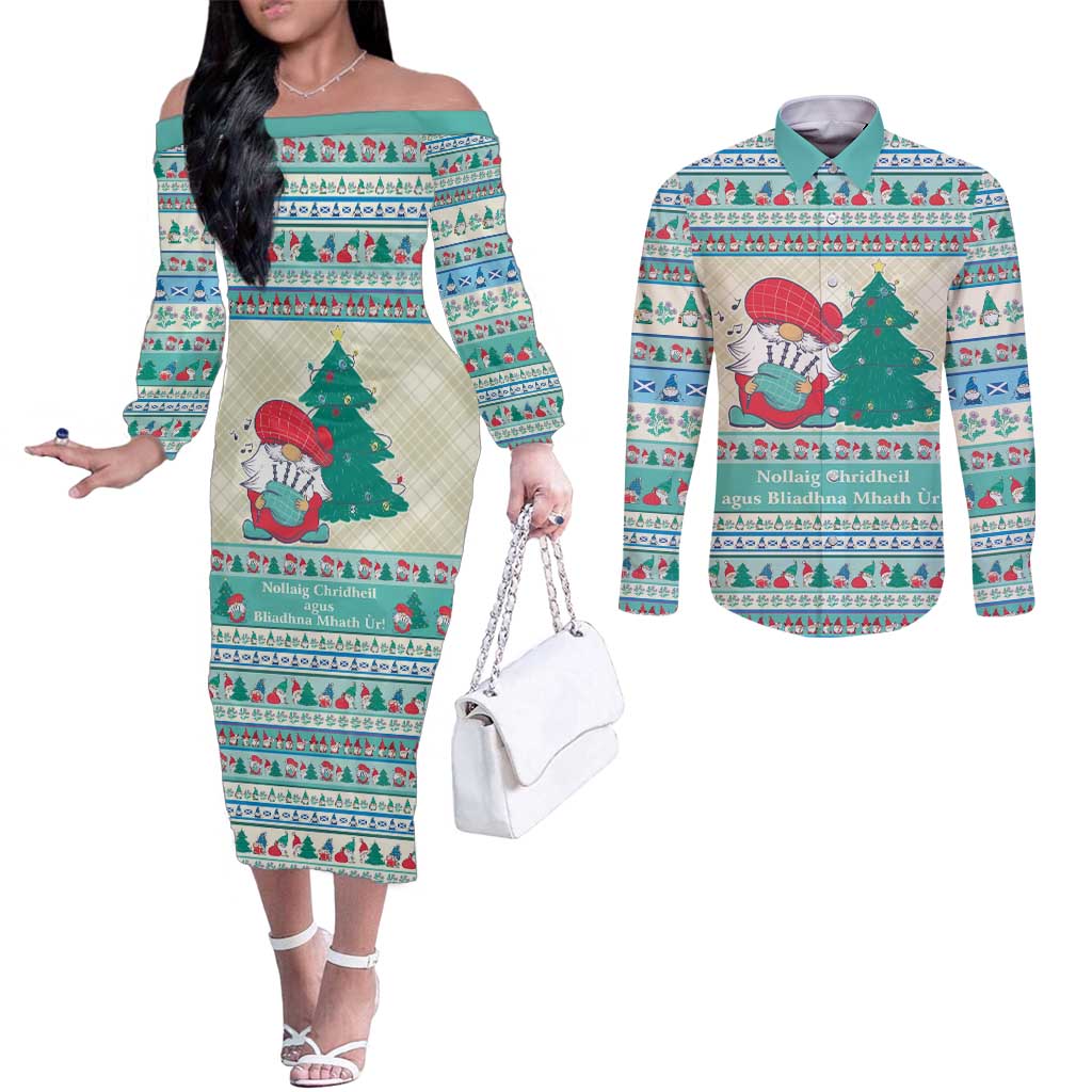 Gnome Bagpies Musical Couples Matching Off The Shoulder Long Sleeve Dress and Long Sleeve Button Shirt Nollaig Chridheil Scotland Christmas Pattern