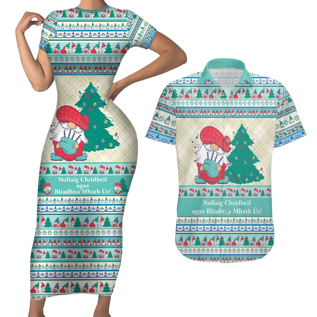 Gnome Bagpies Musical Couples Matching Short Sleeve Bodycon Dress and Hawaiian Shirt Nollaig Chridheil Scotland Christmas Pattern LT9 - Wonder Print Shop